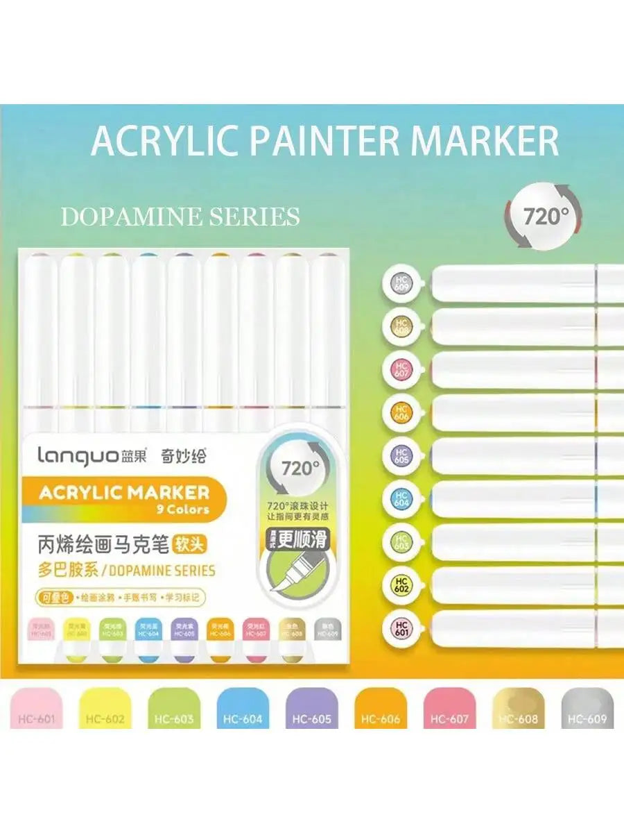 Acrylic painter marker set with 9 colors and 720 degree tips for art and DIY