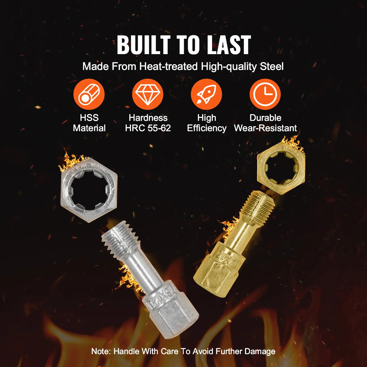 A set of heat-treated high-quality steel threads including hex and various metric/imperial threaded components.