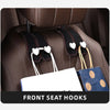Front seat hooks with dual hangers for securing bags and phones on a car seat headrest