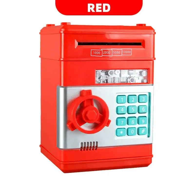 Red electronic password piggy bank with an automatic bill feeder and numeric keypad
