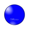 A round, glossy blue glass photo cabochon for jewelry making.