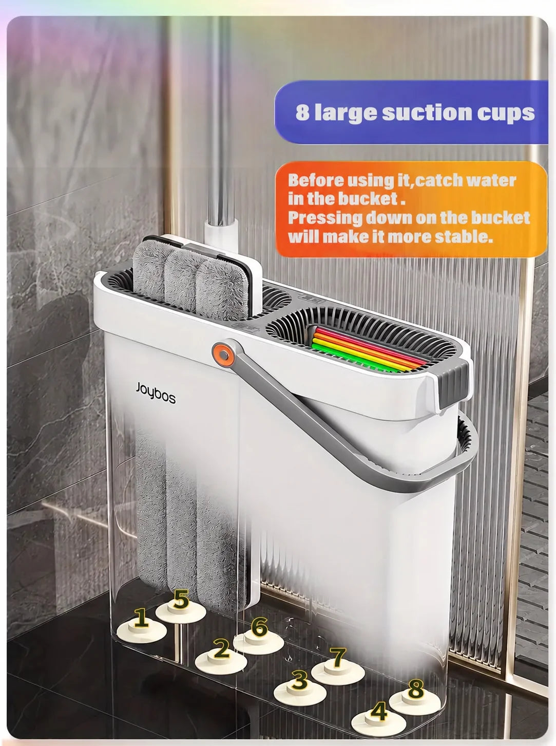 A clear plastic bucket with eight suction cups is shown next to a white mop and cleaning set.