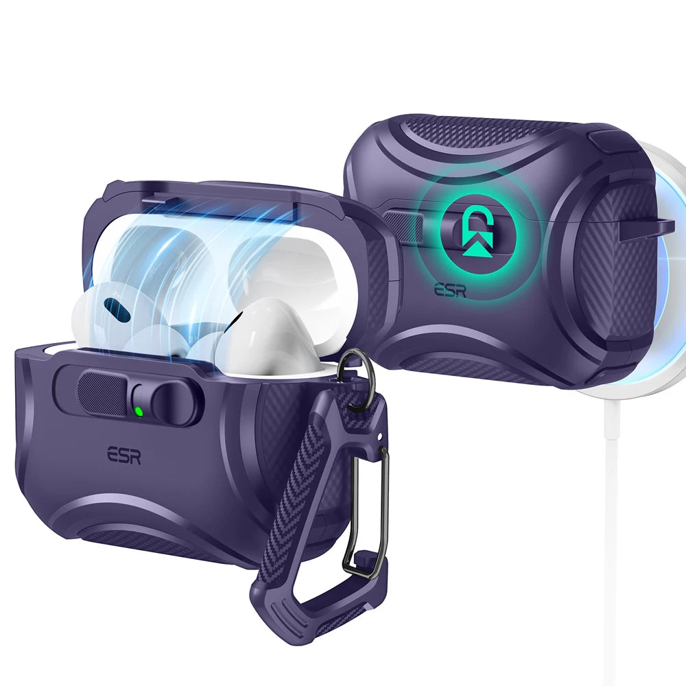 A purple AirPods Pro 3 case with a secure magnetic lock and drop protection feature.