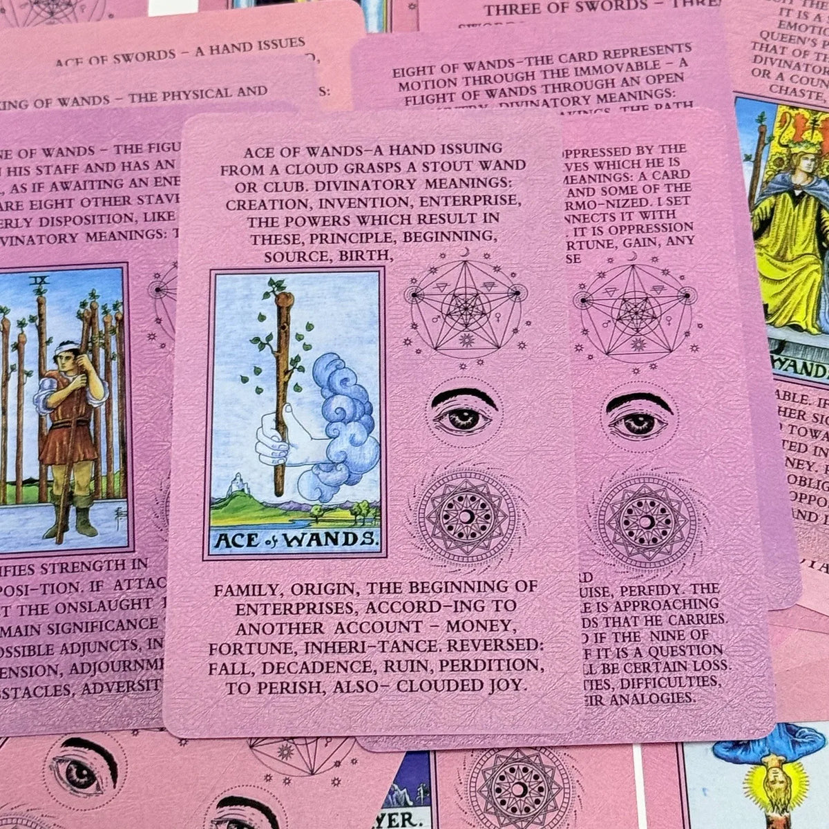Pink Rider-Waite Tarot card showing the Ace of Wands with its associated meanings.