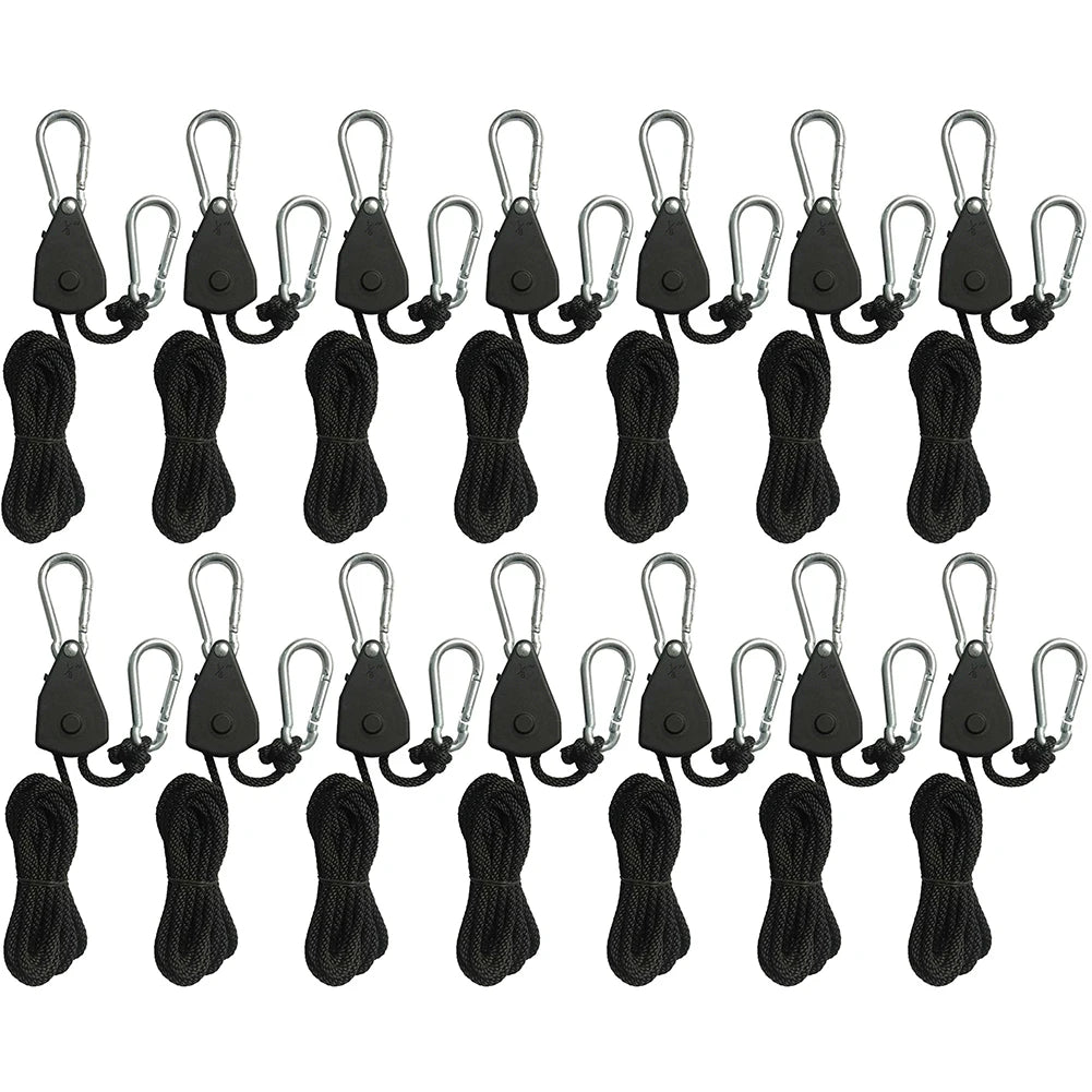 A set of black 2m camping tent rope tensioners with ratchet pulley hooks.