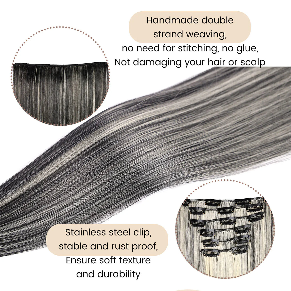 Un ensemble d'extensions de cheveux tressées en double brin gris, montrées avec une pince en acier inoxydable.