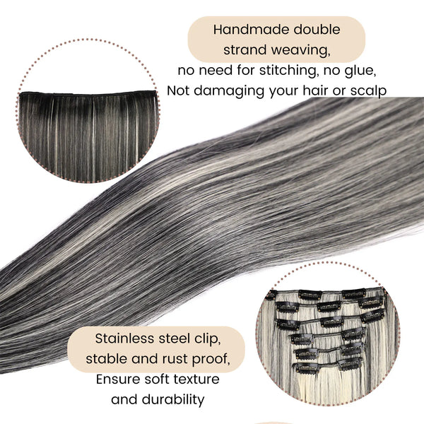 Un ensemble d'extensions de cheveux tressées en double brin gris, montrées avec une pince en acier inoxydable.