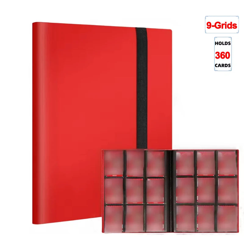 A red premium card binder album with a black spine, showing 9 grids that hold 360 cards.