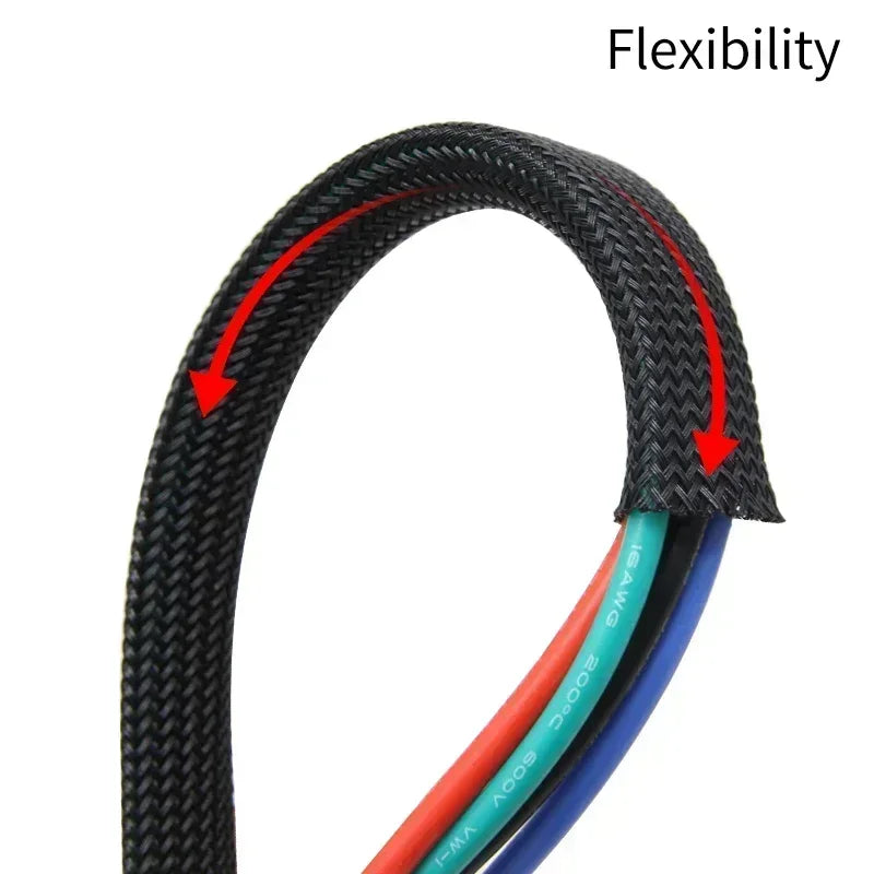 Close-up view of a black braided cable sleeve demonstrating flexibility and wire protection.