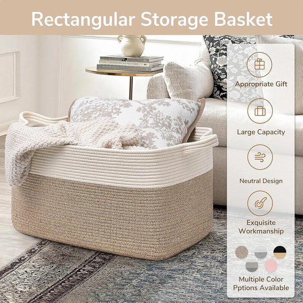 A rectangular woven storage basket in natural beige color with a light beige trim, shown on a wooden table.