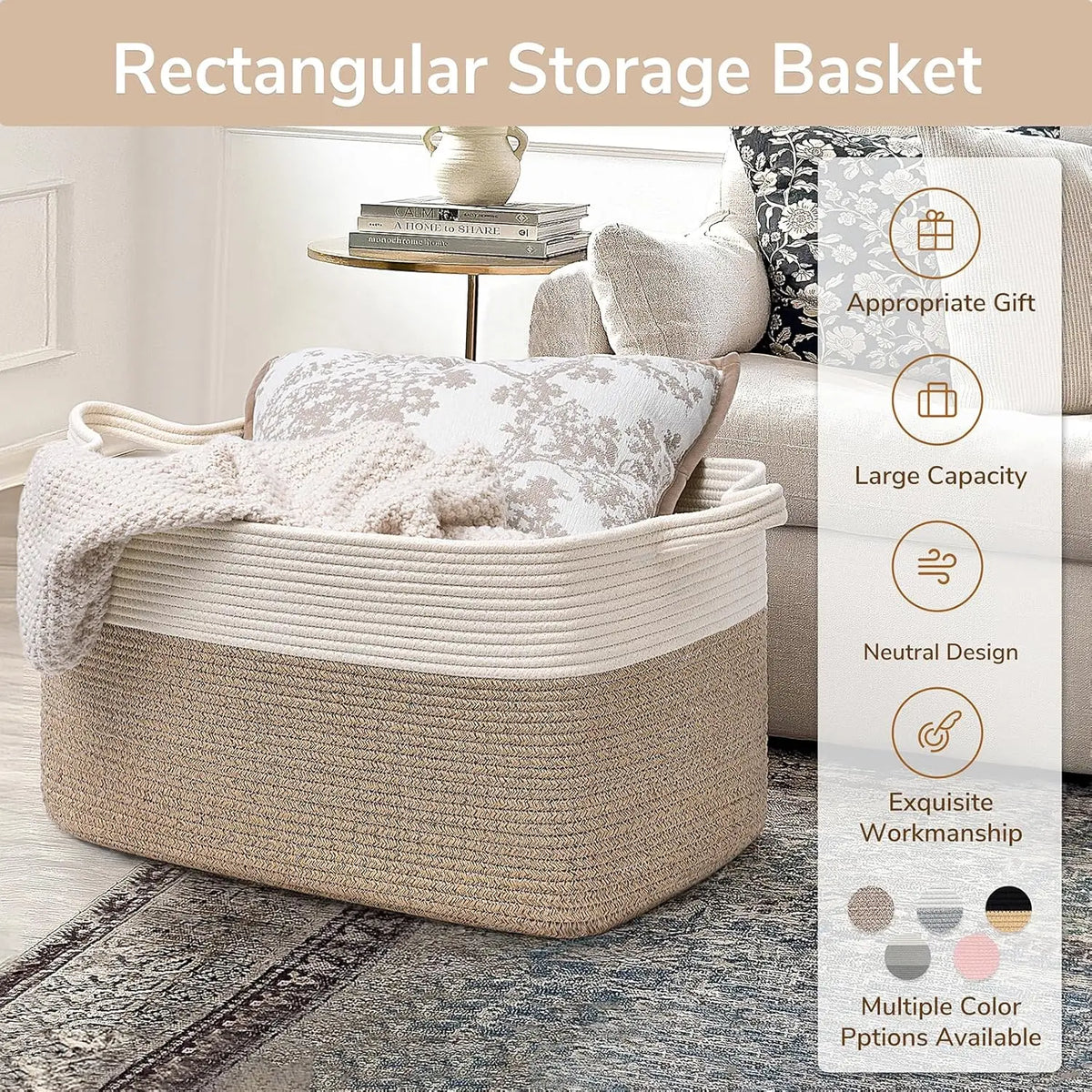 A rectangular woven storage basket in beige and cream tones sitting on a gray rug.
