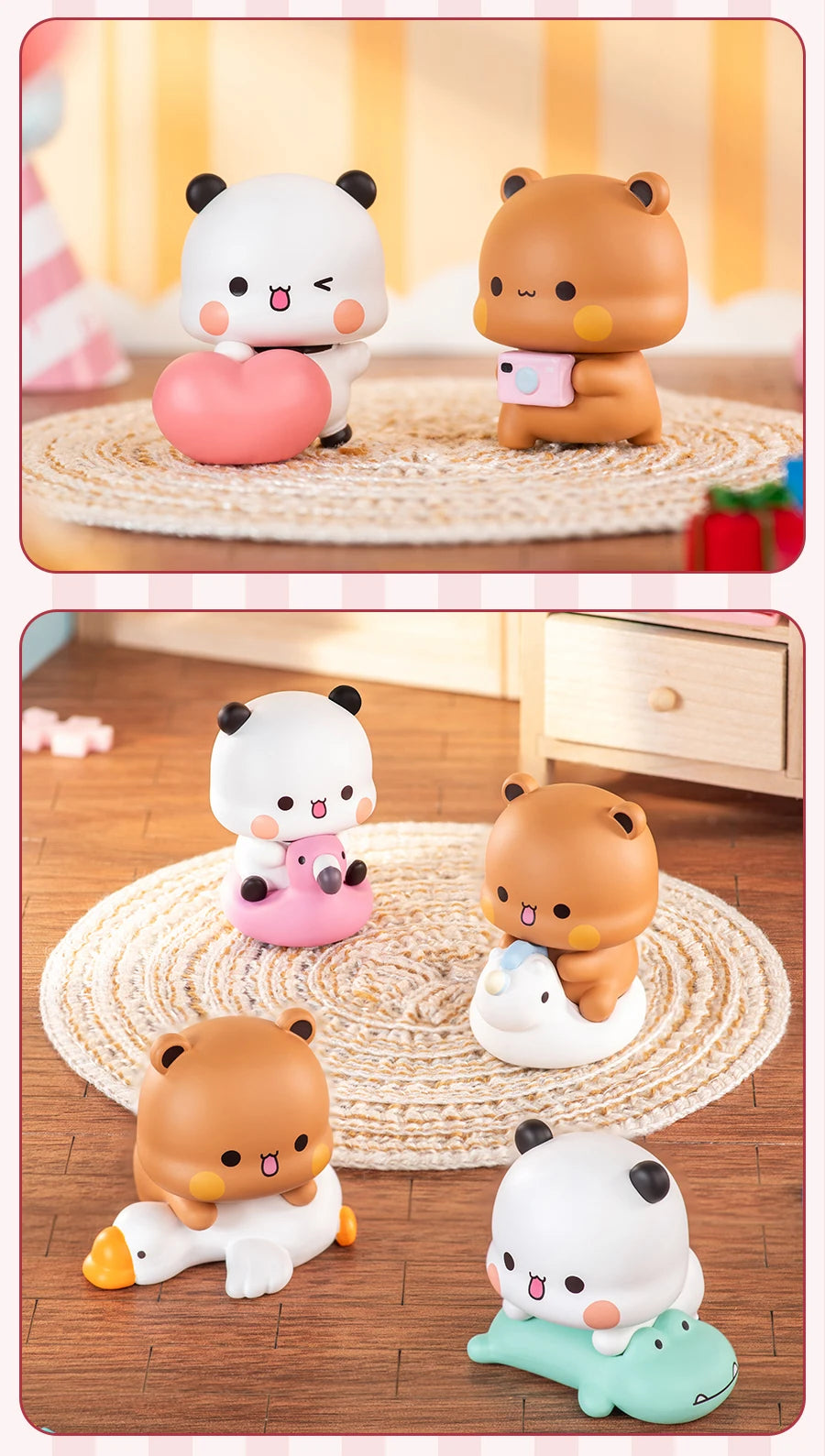 A collection of blind box figurines featuring cute panda and bear characters in various poses and colors.