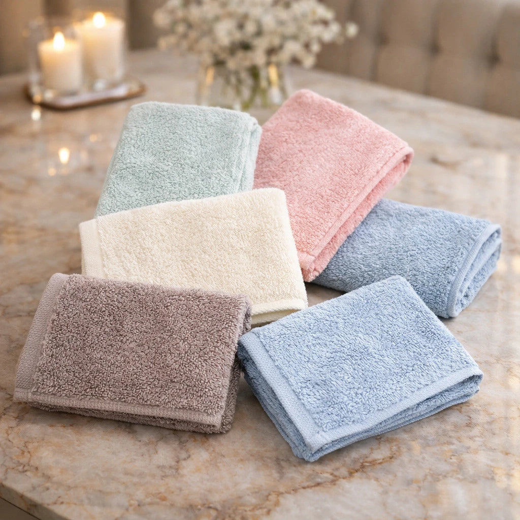 A stack of soft, fuzzy face towels in pastel shades including mint green, pink, cream, and blue, resting on a marble surface.