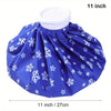 Blue reusable ice pack with a secure white wrap, measuring 11 inches.
