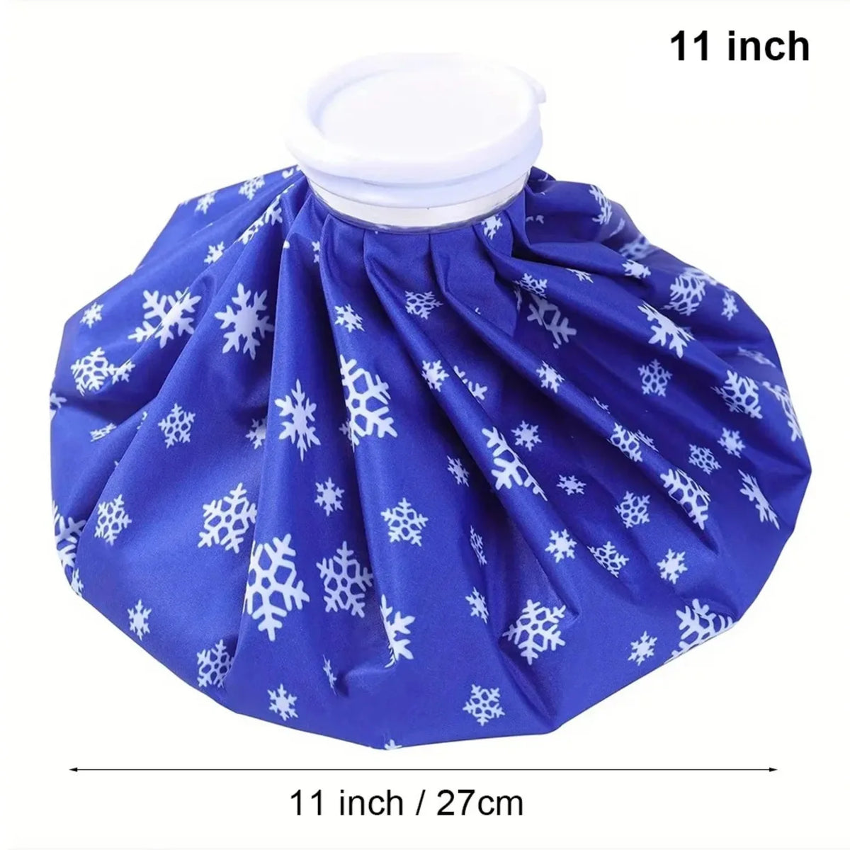 Blue reusable ice pack with a secure white wrap, measuring 11 inches.