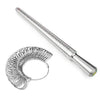 A silver metal ring sizing gauge with a graduated shaft and a coil of multi-size cones.