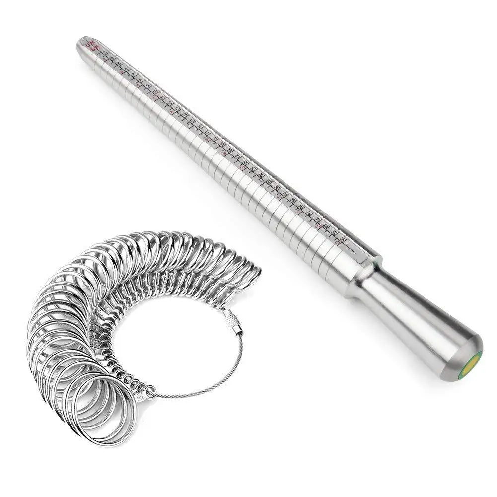 A silver metal ring sizing gauge with a graduated shaft and a coil of multi-size cones.