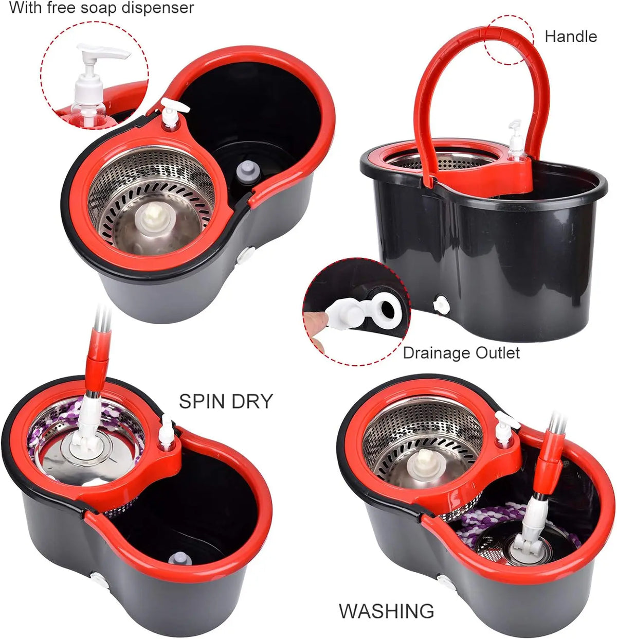 Set Spinmop-Eimer in schwarz und rot, zeigt Was- und Spin-Trocknungsfunktion.