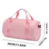 A pink compact nylon gym bag with adjustable straps shown in a side profile.