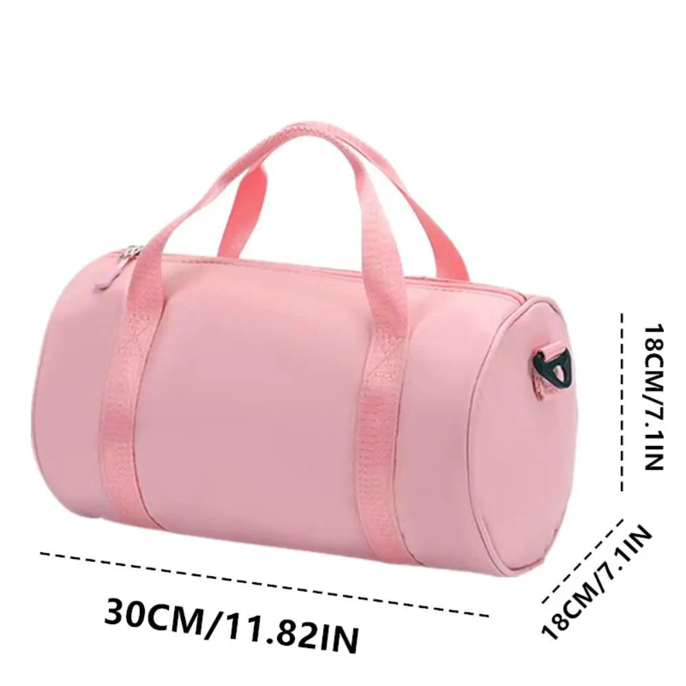 A pink compact nylon gym bag with adjustable straps shown in a side profile.