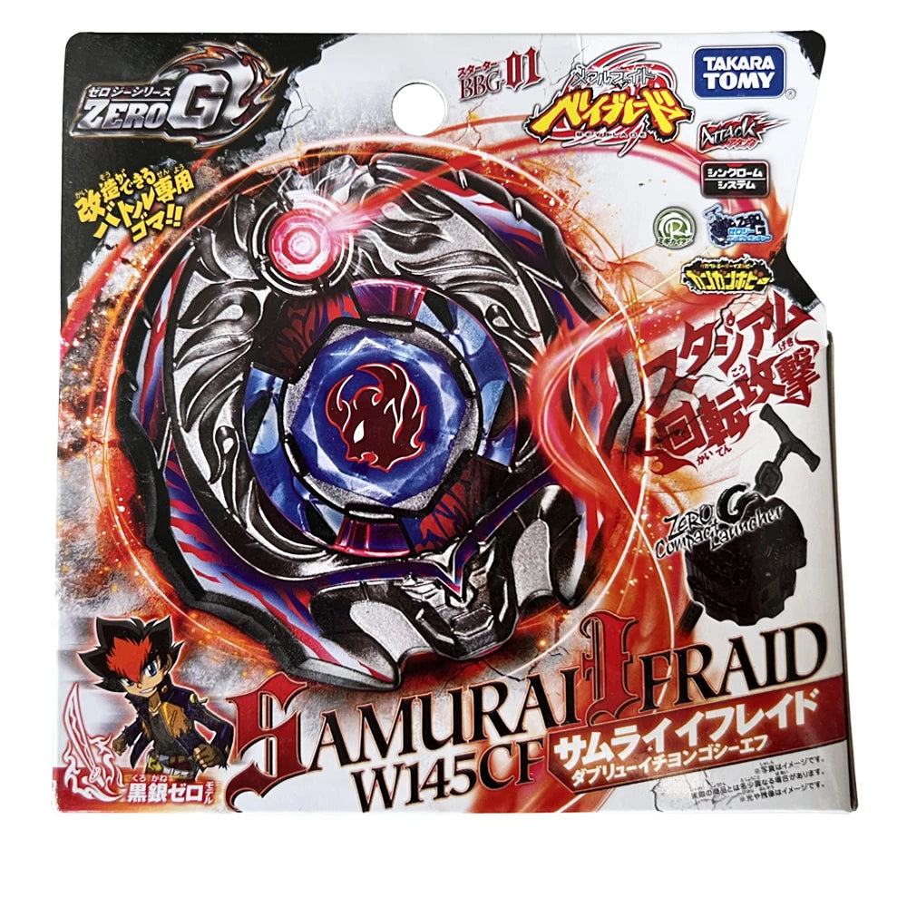 A packaging image for a Samurai Fraud W145CF metal spinning top battle toy featuring dark and red graphics.