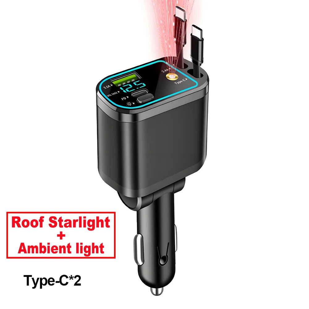 7-in-1 120W Car Charger with Retractable Cables and Digital Voltmeter