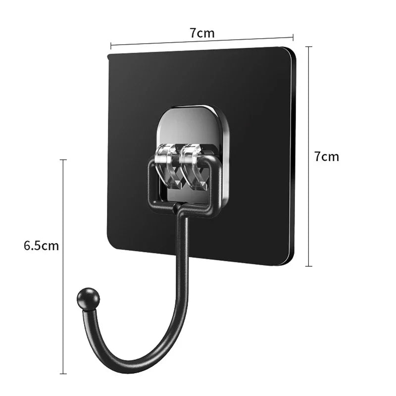 A black adhesive hook with a silver clip and a curved metal hanger, shown against a white background.