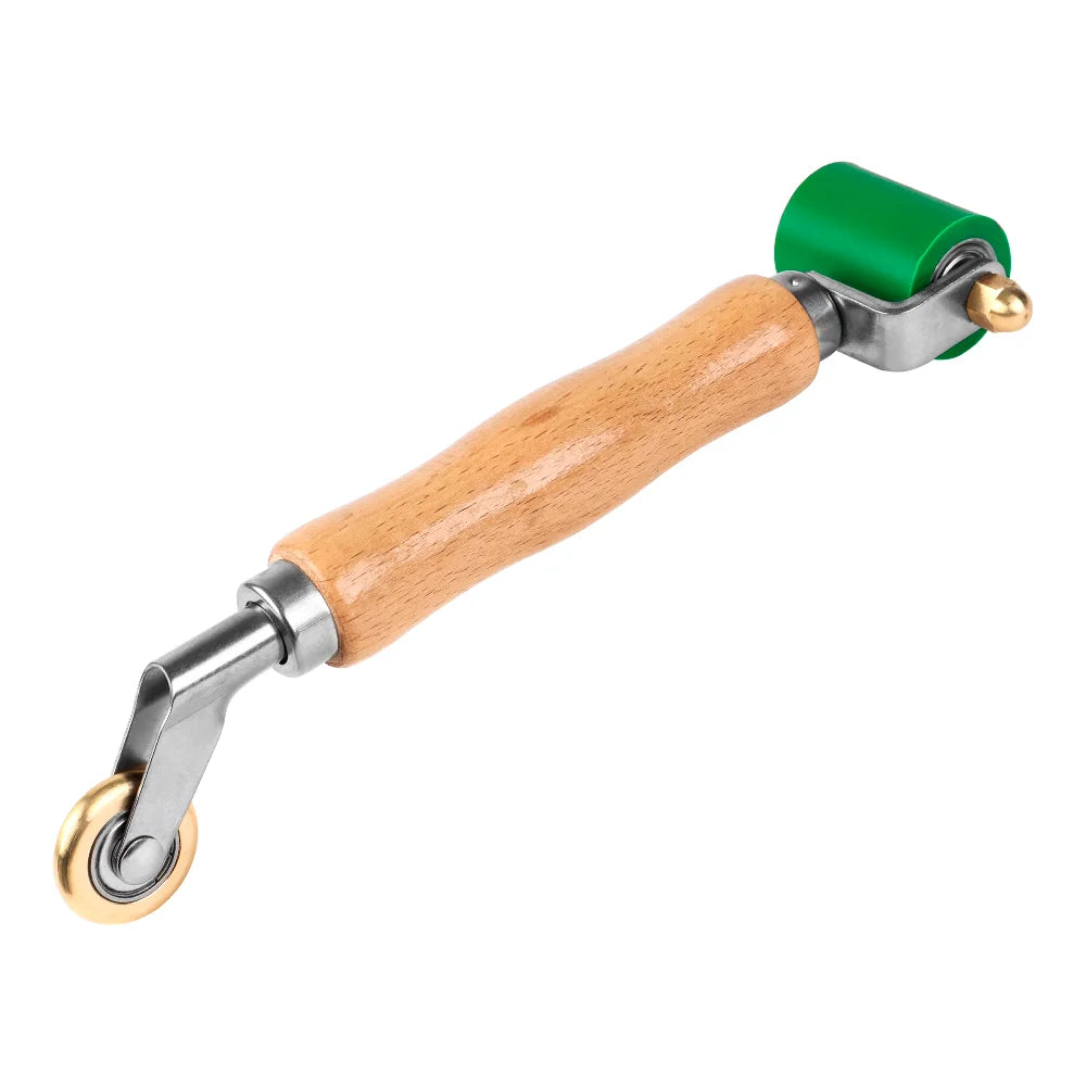 A hand tool with a wooden handle and a green silicone roller for welding and waterproofing.