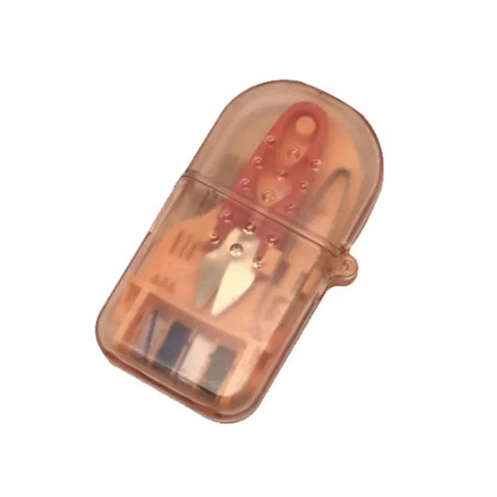 A compact portable sewing kit stored in a clear plastic travel case with a red handle.