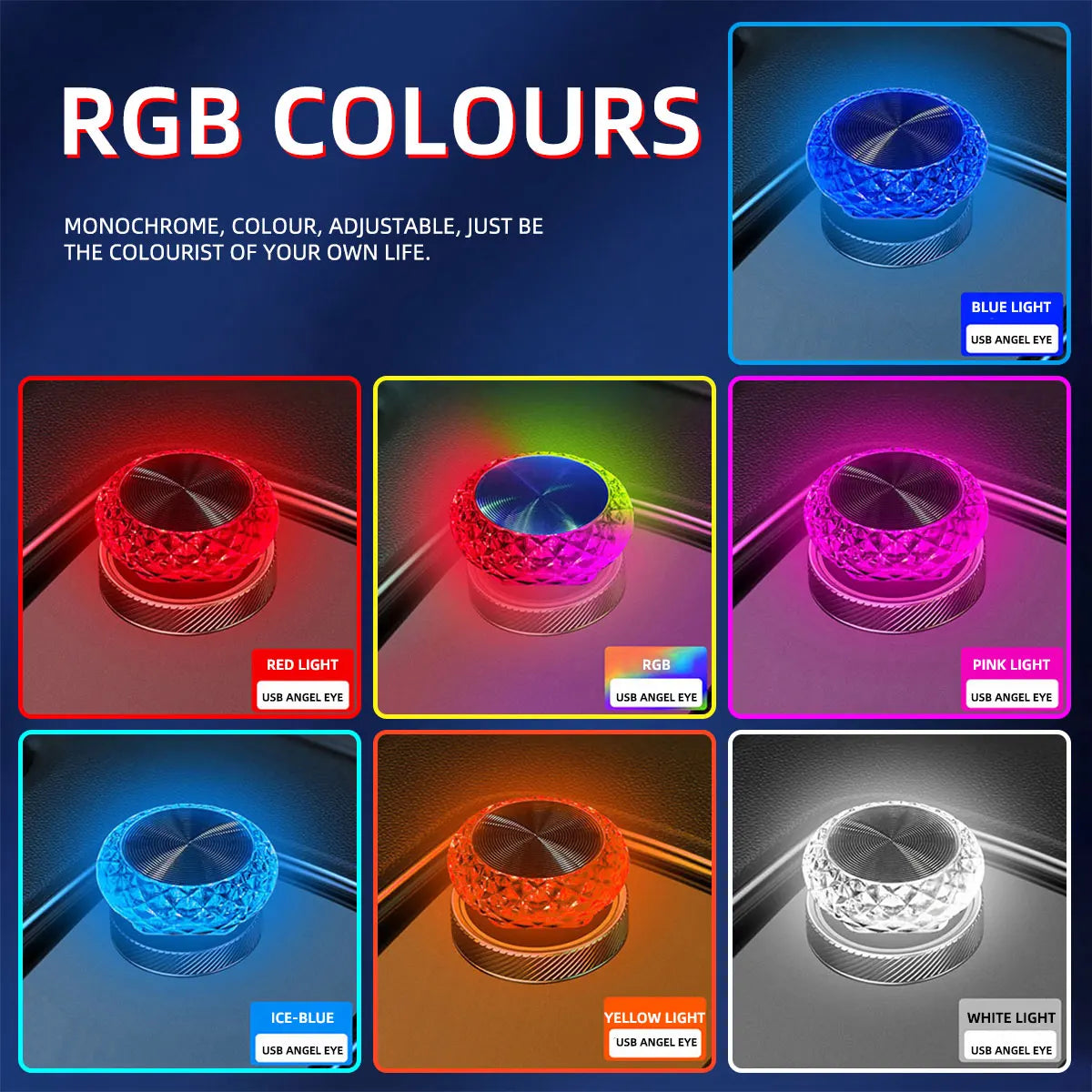 A set of RGB colored mini USB LED ambient lights showing various colors like red, blue, pink, and white light effects.