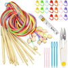 A set of 23 Tunisian crochet hooks and bamboo cables in various colors, including red, yellow, green, and pink.