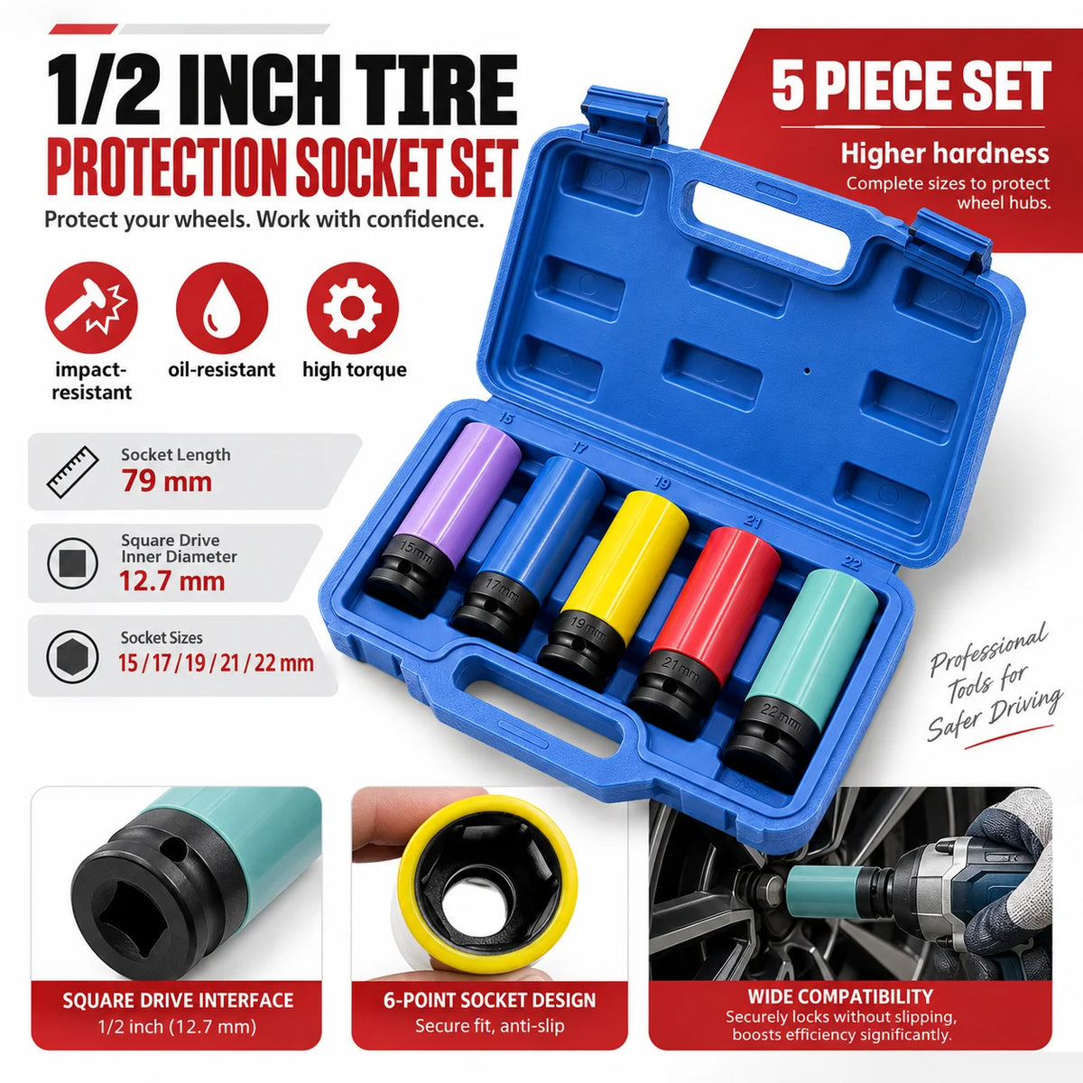 Impact Wrench Socket Set with Protective Sleeves (15-22mm)