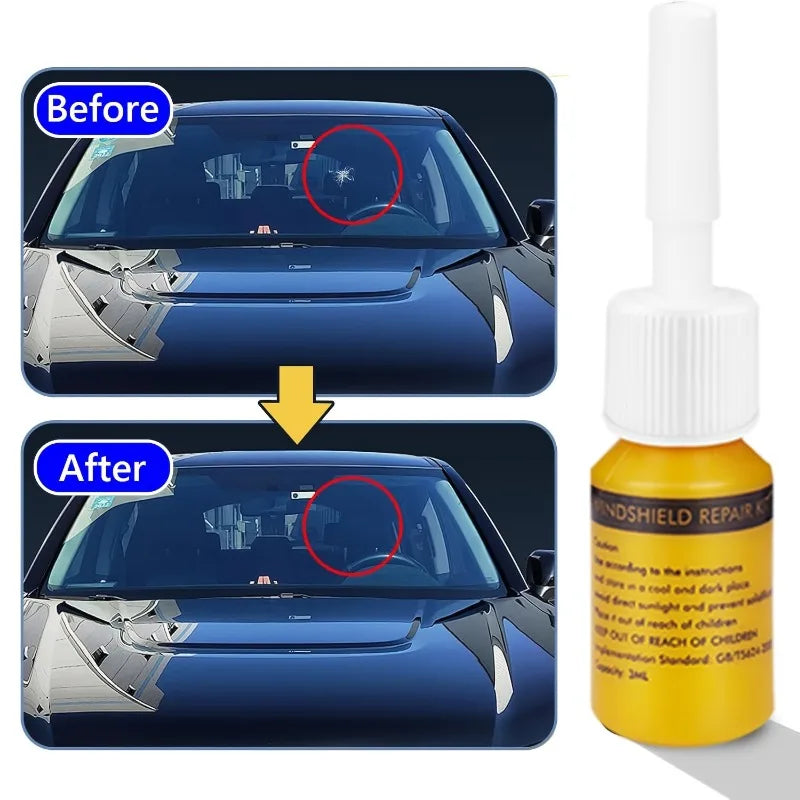 Before and after comparison showing a windshield crack repair kit fixing damage on a car windshield.