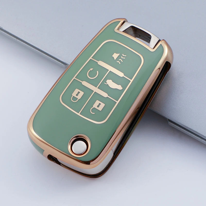 A light green protective TPU key fob cover for a vehicle, showing various buttons and features.