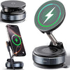 A magnetic wireless car charger mount with a vacuum suction and 360-degree foldable arm shown in various angles.
