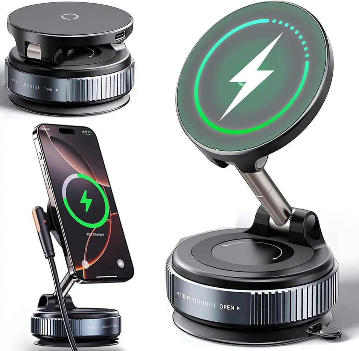 A magnetic wireless car charger mount with a vacuum suction and 360-degree foldable arm shown in various angles.