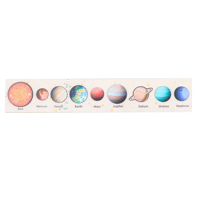 A wooden solar system puzzle showing the planets in order from Sun to Neptune.