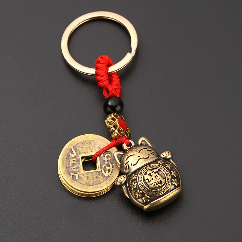 Vintage Lucky Cat Keychain with Five Emperors Coins