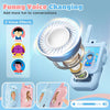 A blue kids video walkie talkie device with a microphone and camera is shown alongside three voice effect icons.