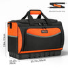 Black and orange heavy-duty tool bag with an adjustable shoulder strap and molded base