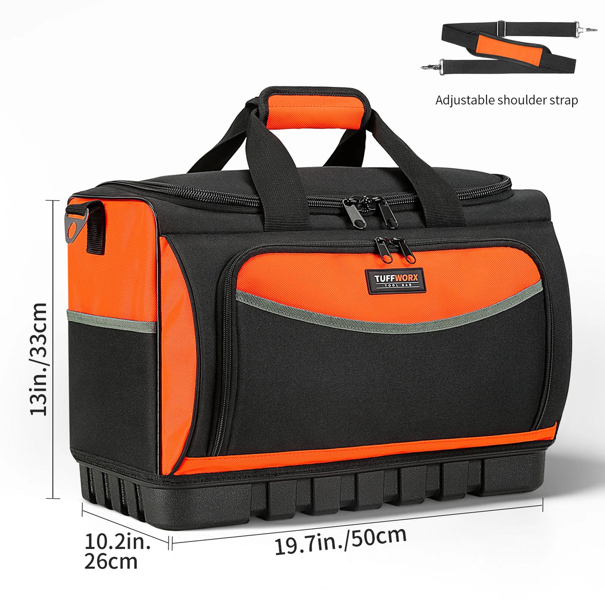 Black and orange heavy-duty tool bag with an adjustable shoulder strap and molded base