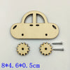 A wooden car shape puzzle piece and two wooden gears are displayed on a white background.
