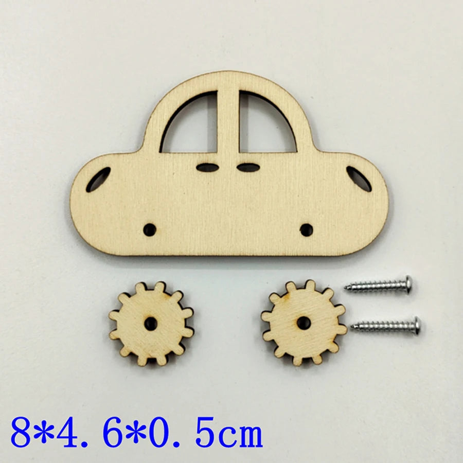 A wooden car shape puzzle piece and two wooden gears are displayed on a white background.
