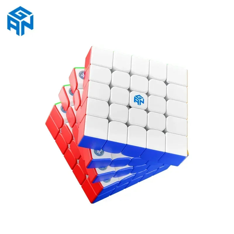 A cube of white and blue magnetic speed cubes stacked in a pyramid shape.