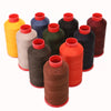 A collection of heavy-duty nylon bonded thread spools in various colors including yellow, blue, green, black, and orange.