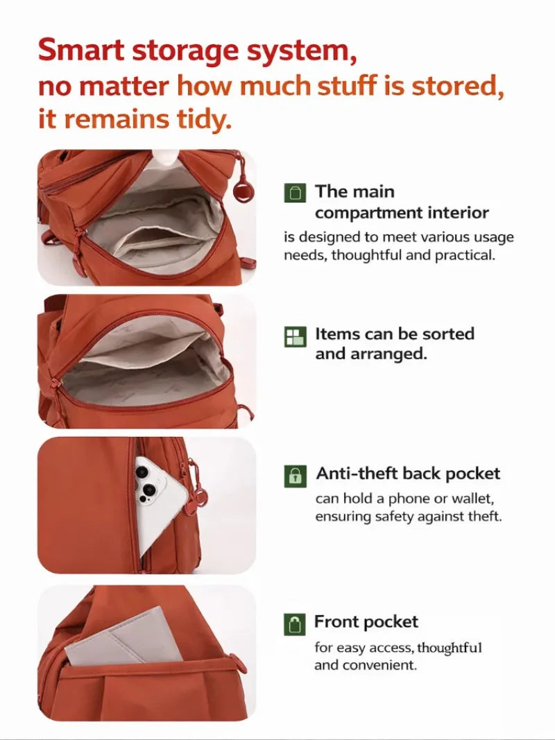 An orange women's lightweight mini backpack showing various storage compartments and pockets.