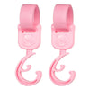 A pair of pink 360° rotating stroller hooks designed for hanging bags and essentials.