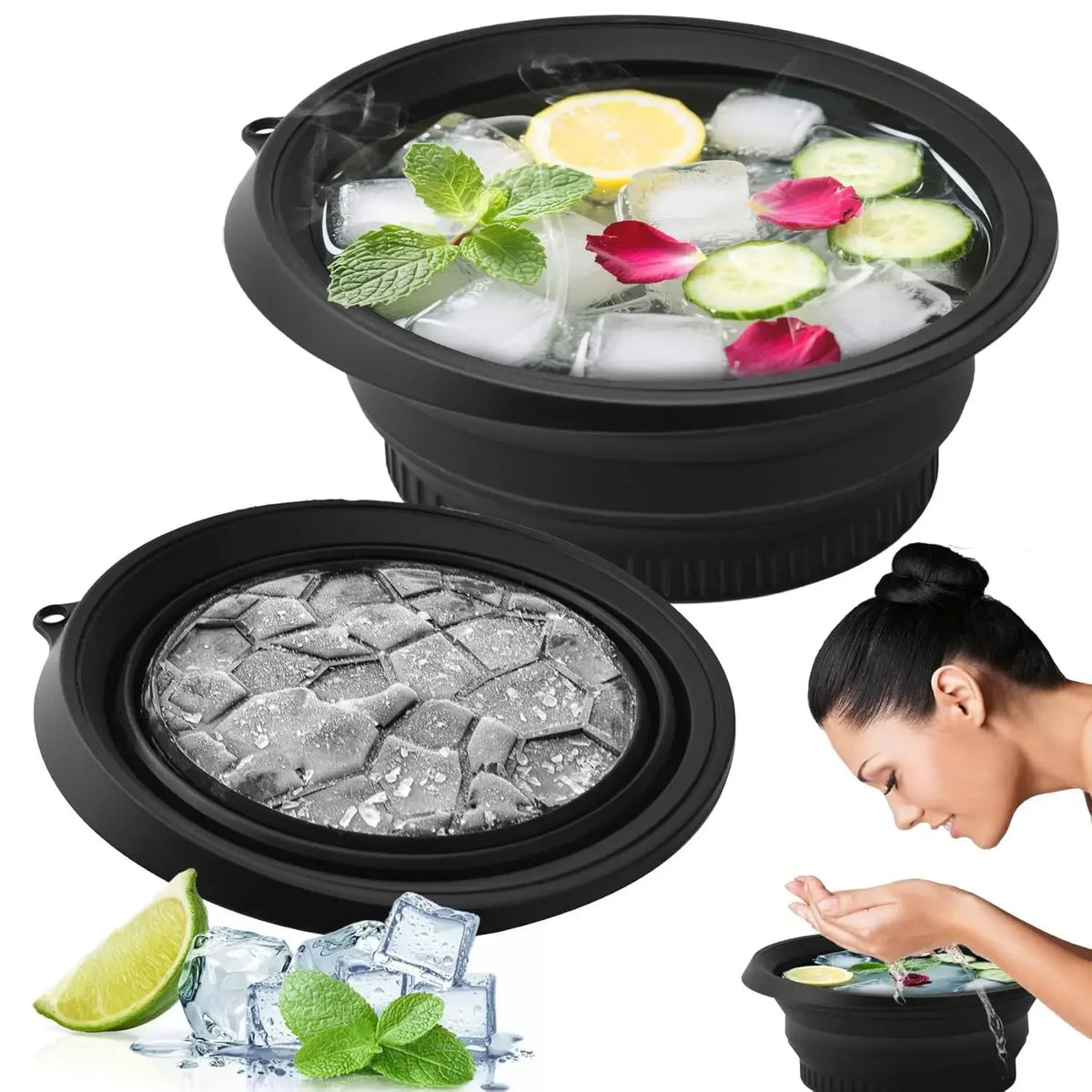 Black silicone ice face mask bowl with a tray and fresh lime and mint leaves