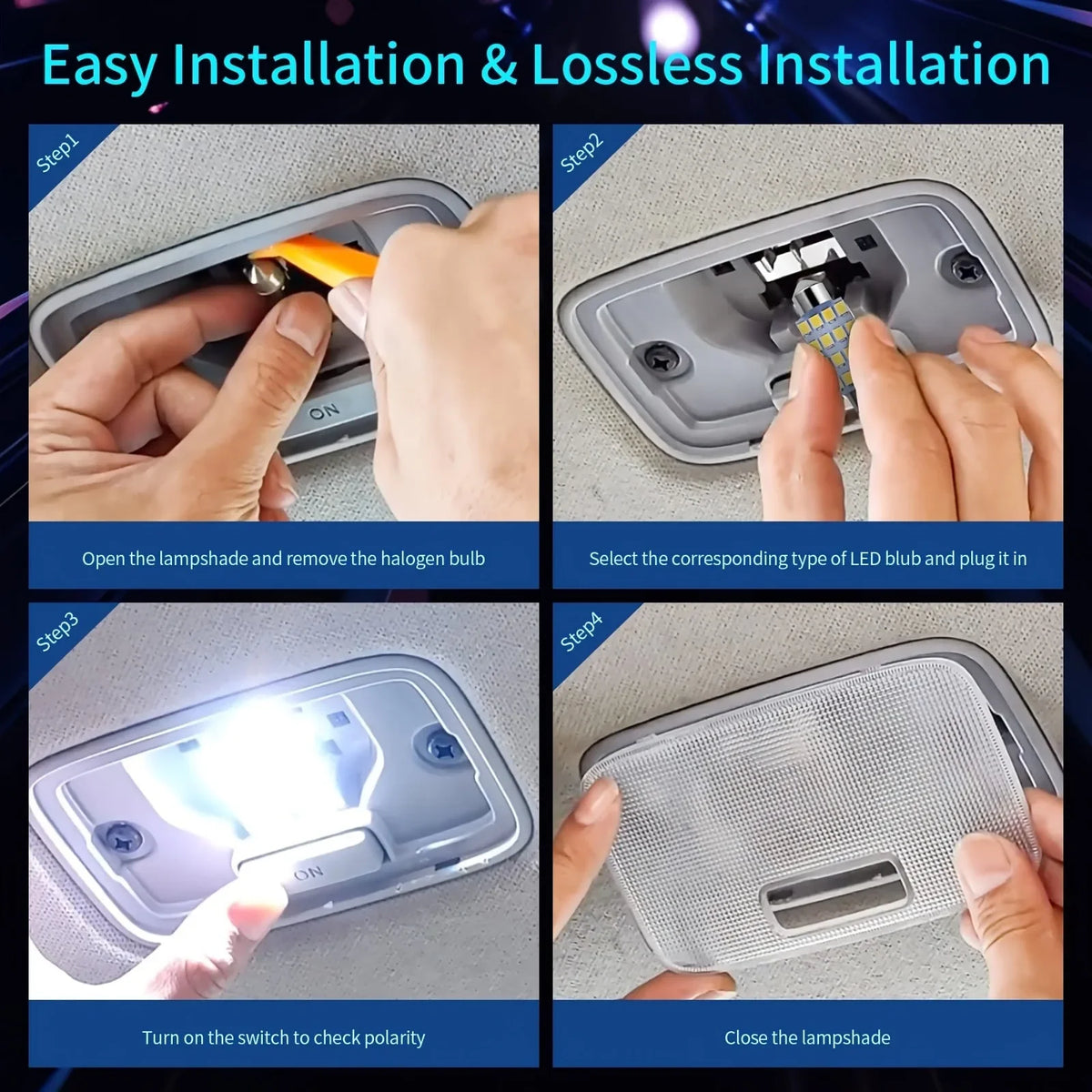 Step-by-step guide showing the installation of an interior LED bulb kit for various lights.