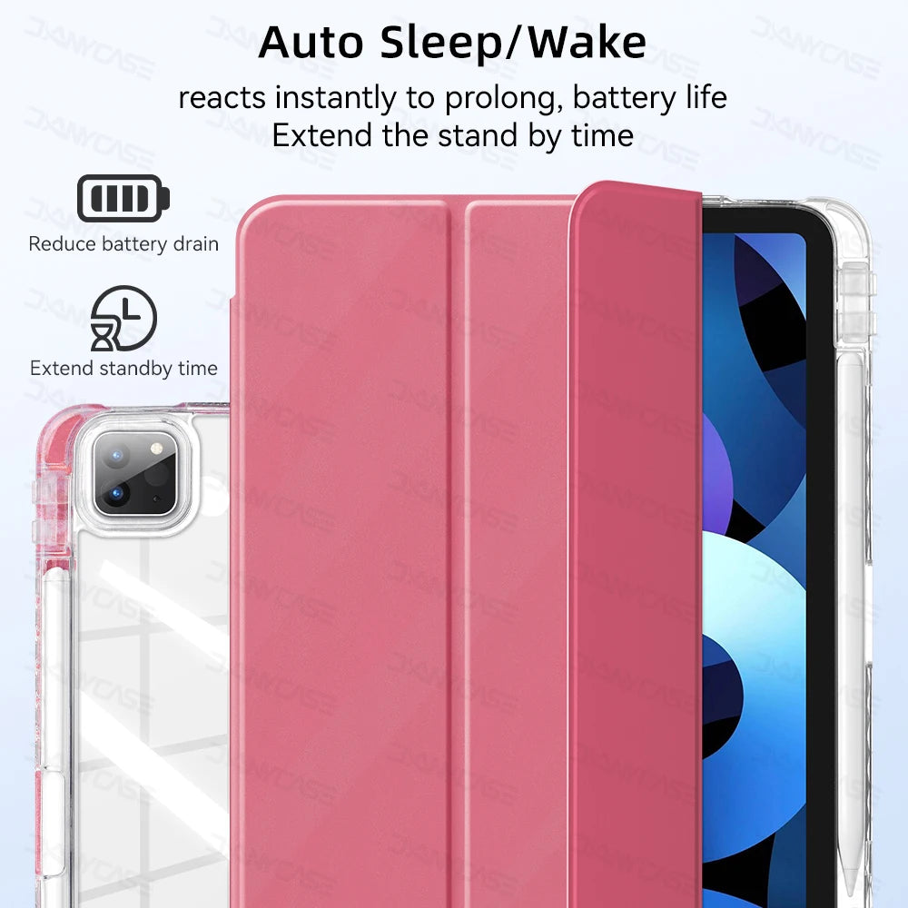 A pink slim trifold iPad case demonstrating auto sleep/wake functionality and extended battery life.